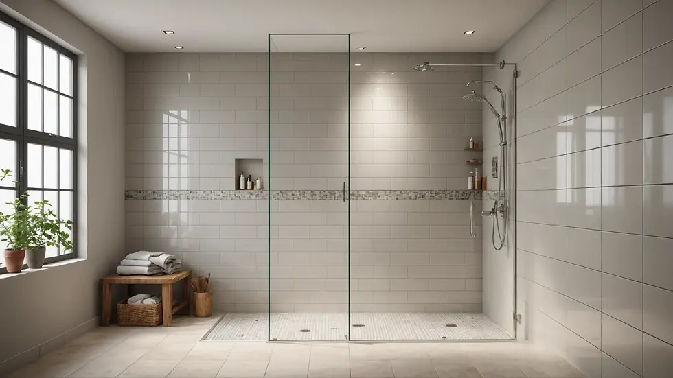 Eye-level view of a spotless tile shower with shining grout