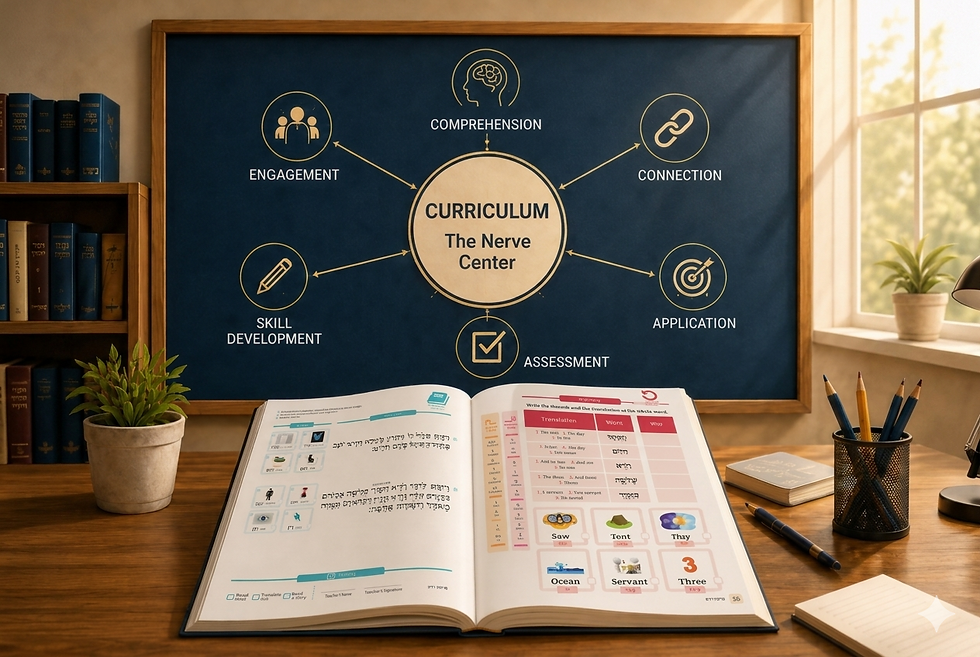 Diagram illustrating how a structured Chumash curriculum develops comprehension, engagement, skill development, assessment, and application in Torah learning.