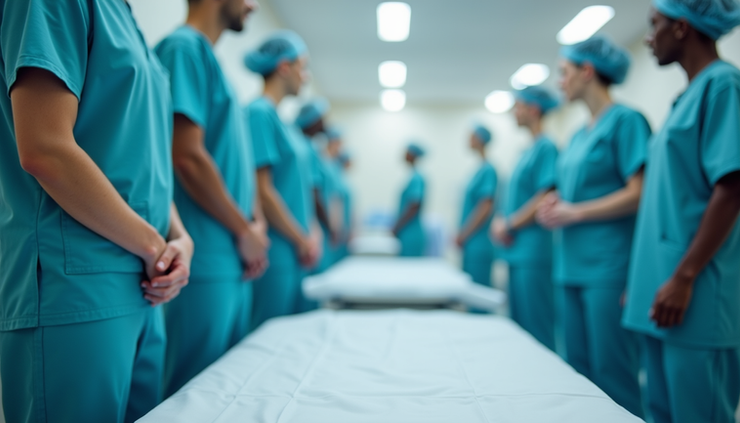 Close-up view of modern medical scrubs on a hospital bed