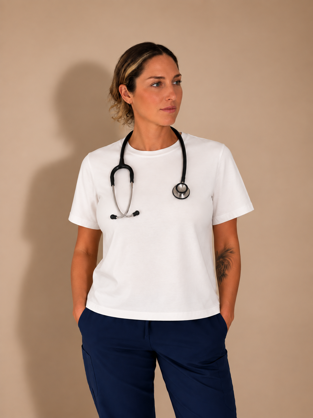 Nurse front view wearing a boxy tshirt