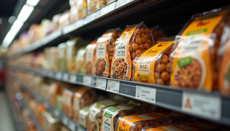 Close-up view of a grocery store shelf stocked with processed snack foods and ready meals