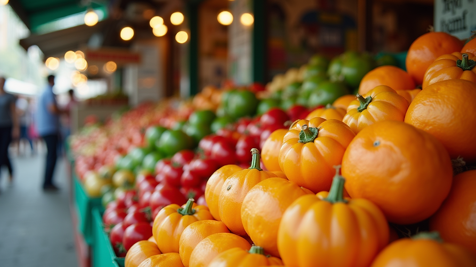 Eye-level view of a colorful market stall filled with fresh fruits and vegetables
