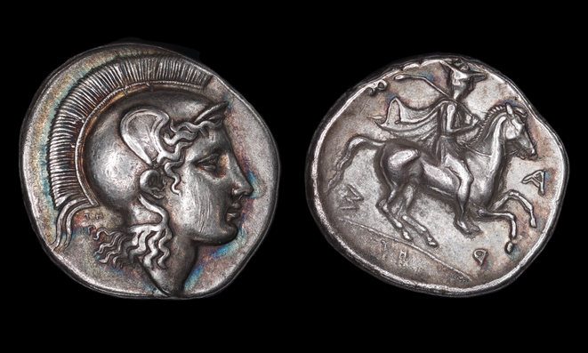 
Thessaly, Pharsalos. Late 5th-mid 4th century BC. AR Drachm (19.5mm, 6.00 g, 5h). Dies signed by Telephantos. Helmeted head of Athena right; small TH/IΠ between crest and neck guard. Rev: Warrior, wearing petasos, holding lagobolon over his shoulder, on horseback right; small TH in exergue; all within incuse square