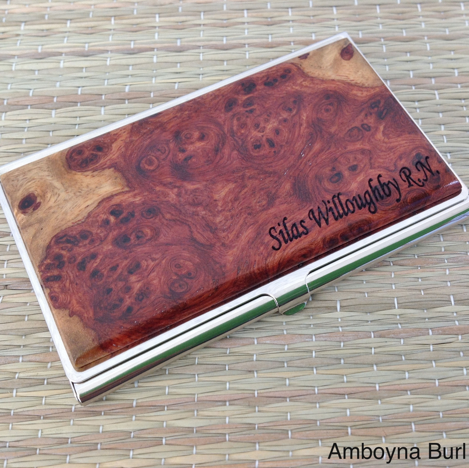 amboyna burl engraved business card case id holder