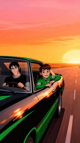 Ben 10 car driving under a beautiful orange sunset 4K wallpaper