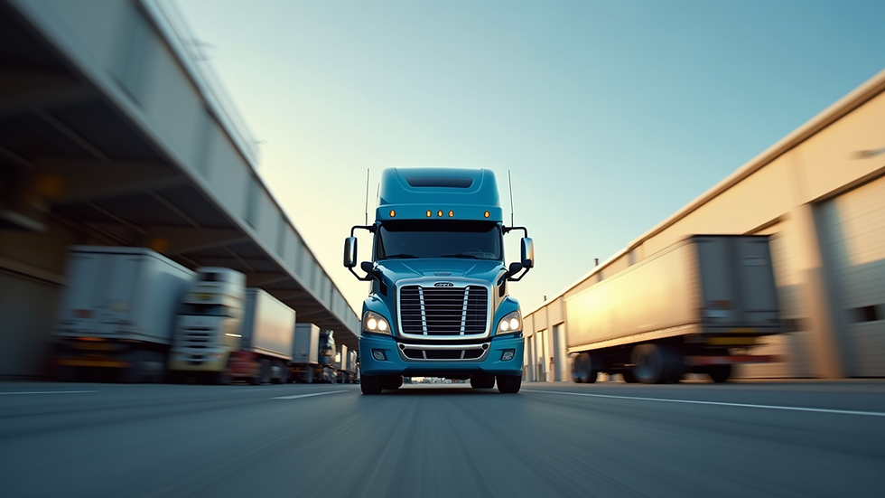 Eye-level view of a semi-truck parked at a logistics hub