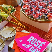 Beautiful brunch spread set up next to our signature champagne cart—delicious bites, bubbly, and a picture-perfect party mome