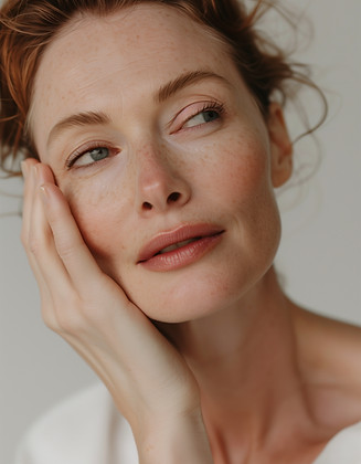 Woman with naturally radiant, mature skin resting her hand on her face — representing the start of a personalised, results-driven skin transformation journey.