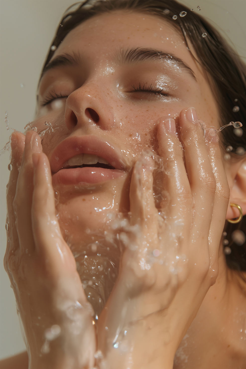 A person with closed eyes splashes water on their face, hands touching cheeks. Water droplets in motion, conveying freshness and tranquility.
