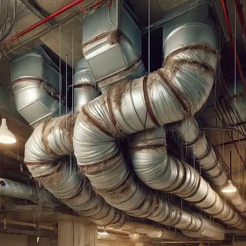 DALL·E-2024-05-17-11.19.46-Create-an-image-showing-a-poorly-installed-HVAC-duct-system-in-