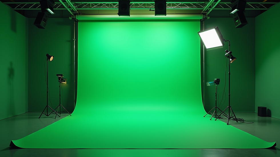 Eye-level view of a spacious chroma studio with green screen and RGB lighting