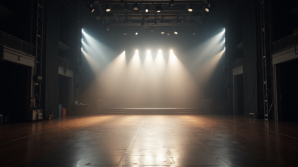 High angle view of a large film sound stage with lighting rigs