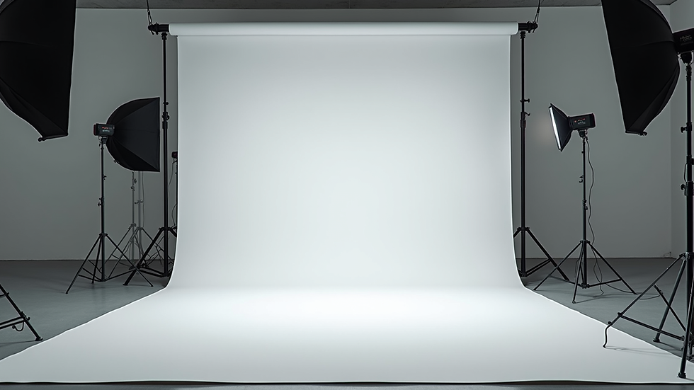 Eye-level view of a spacious photography studio with adjustable lighting rigs