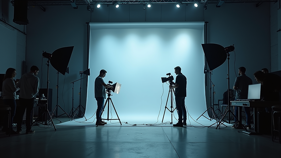 Eye-level view of a production crew setting up lighting equipment in a cyclorama studio