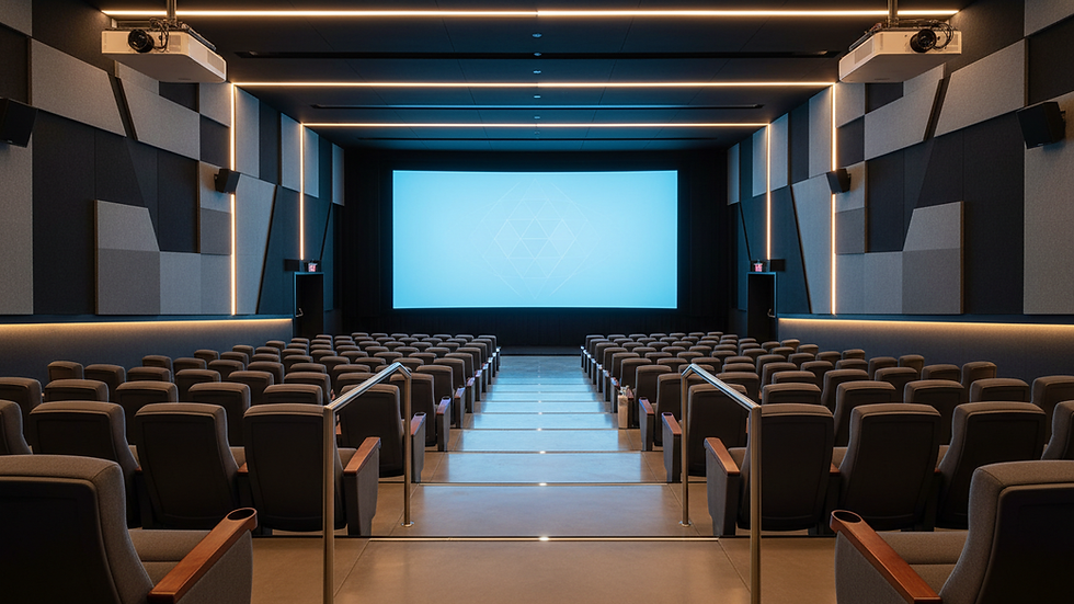 Eye-level view of a screening theater with rows of seats and a large screen