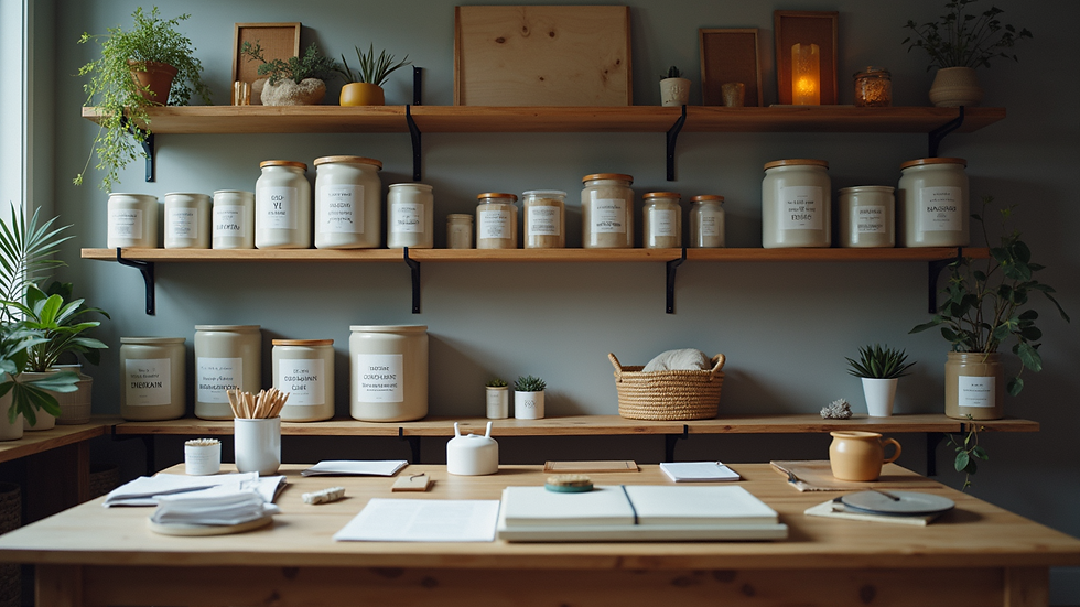 Eye-level view of a neatly organized studio workspace with shelves and labeled containers