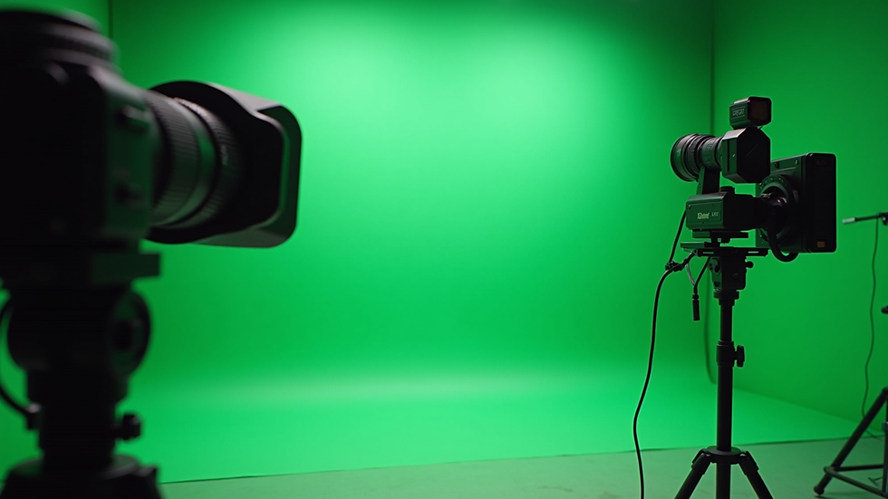 Close-up view of a greenscreen studio with lighting and camera equipment