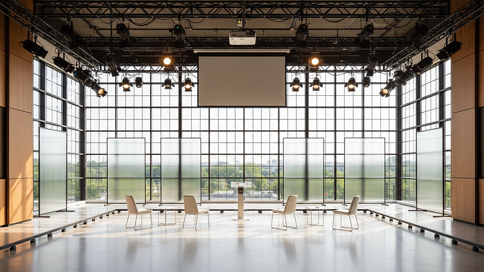 Wide angle view of a daylight stage with large windows and natural light