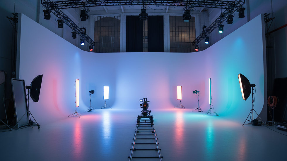 Eye-level view of a large white cyc wall with RGB lighting setup