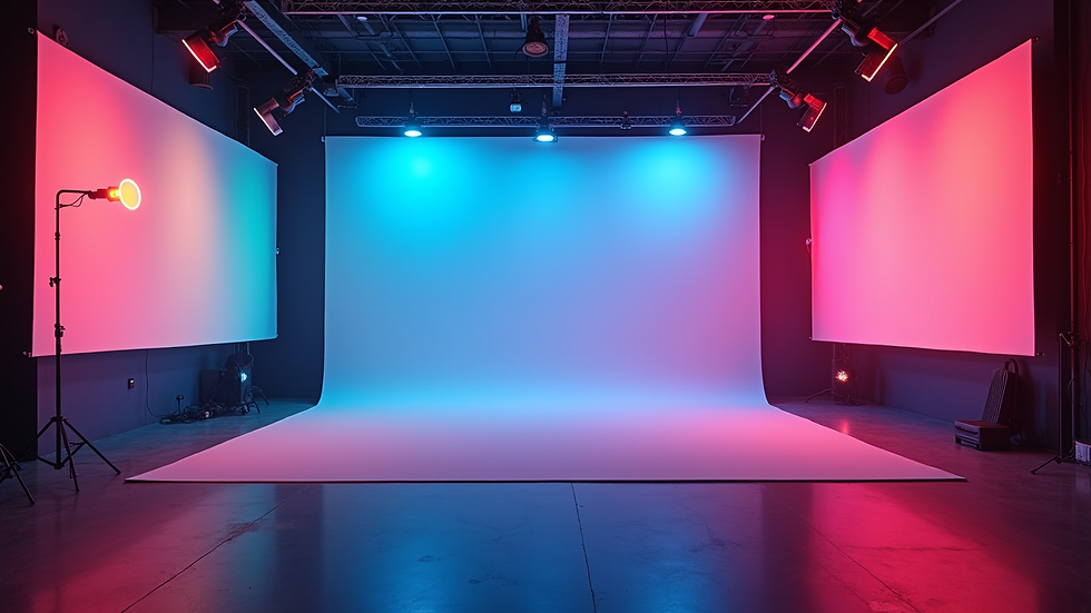 Eye-level view of a spacious pre-lit cyclorama studio with RGB lighting panels