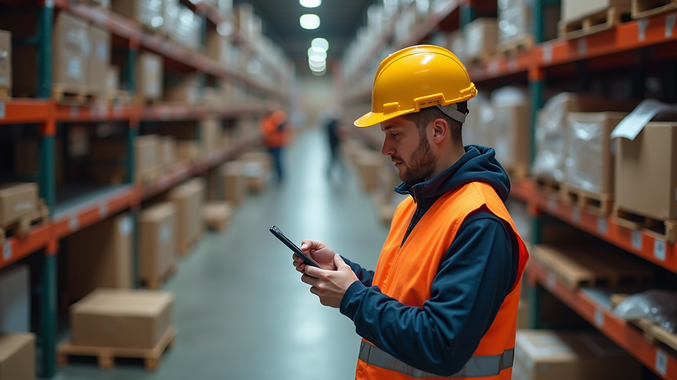 High angle view of warehouse workers using handheld devices for inventory management