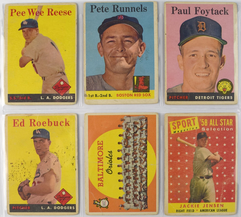 Picture of vintage baseball cards with Pee Wee Reese, Pete Runnels, Paul Foytac, Ed Roebuck