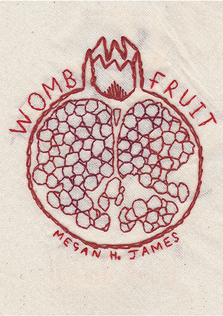 The over of Womb Fruit by Megan James showing pale cloth with the title and image of pomegraite embroidered in red. 