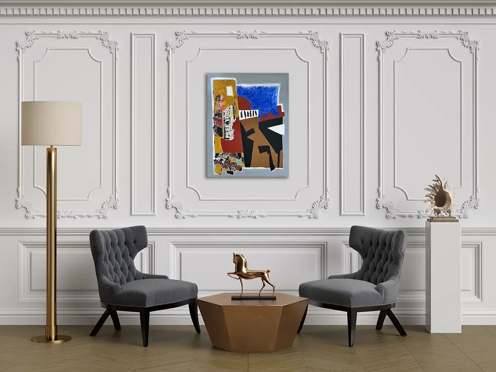 Oeuvre abstraite encadrée entre deux fauteuils, Chute II par Jean-François AUBER et Galerie Mourier.