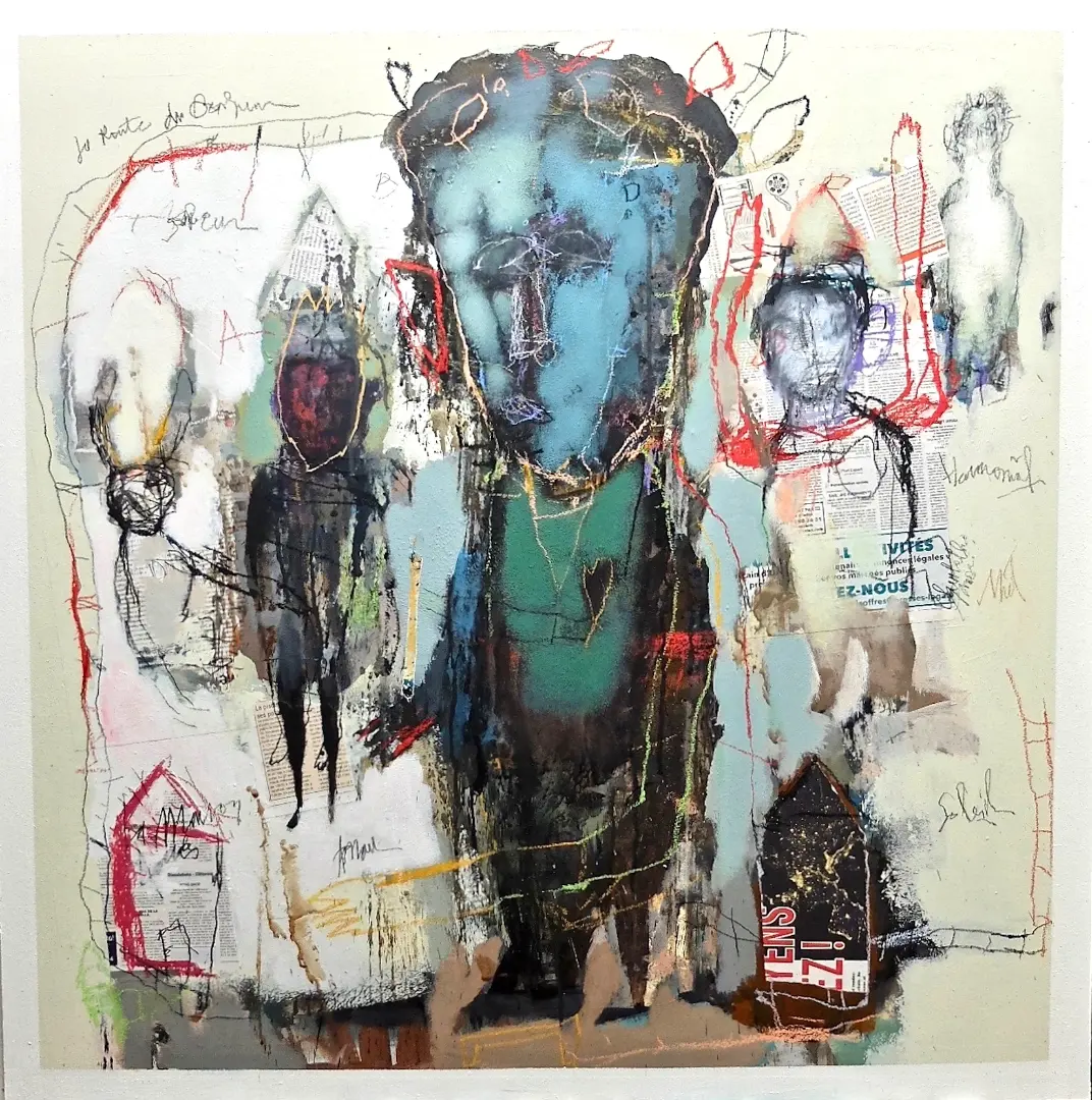 Peinture avec figures bleues et rouges par Jean-louis Bessede - Galerie Mourier.