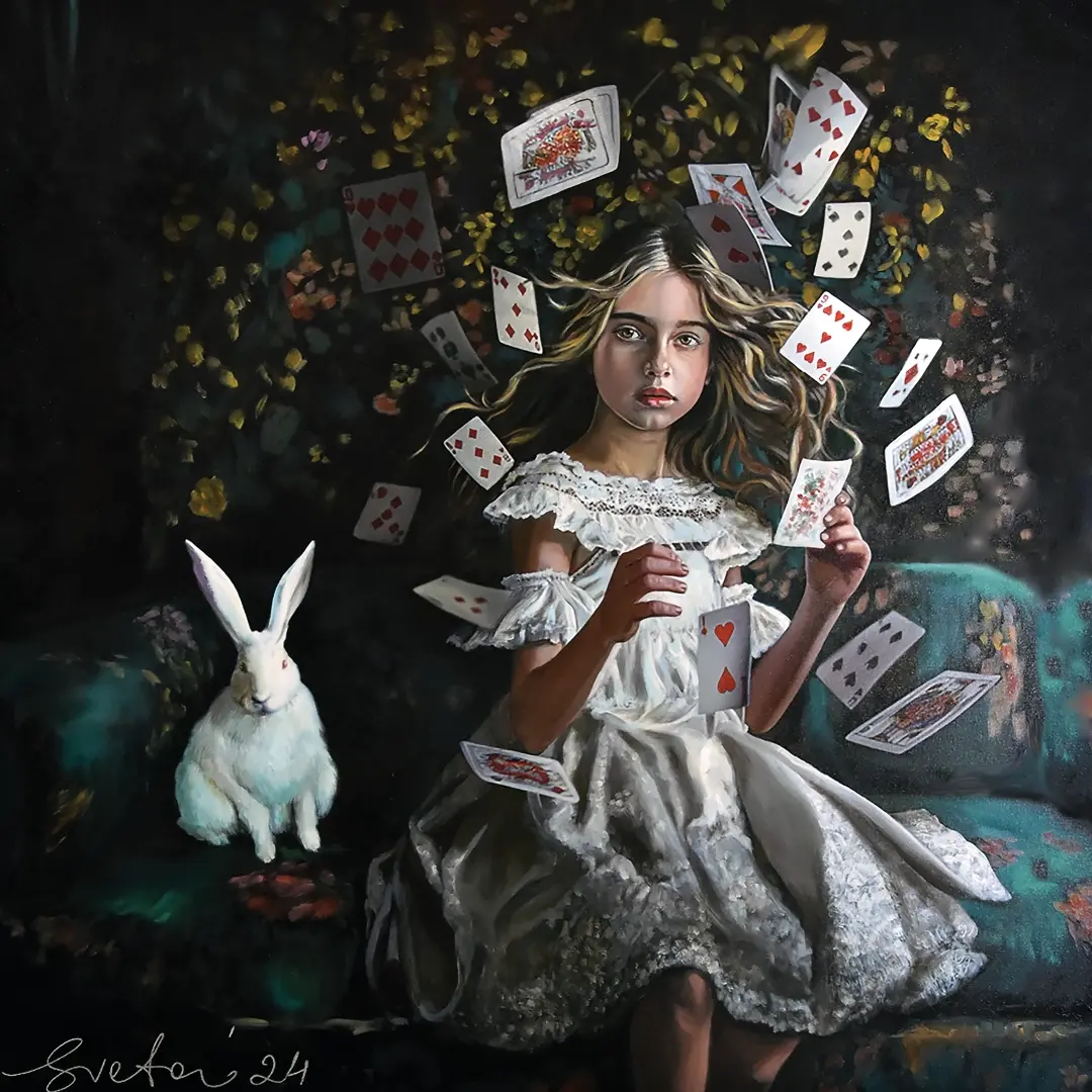 Alice au pays des merveilles, cartes volantes, Cartomagie II  par Svetà MARLIER - Digigraphie, lapin blanc.