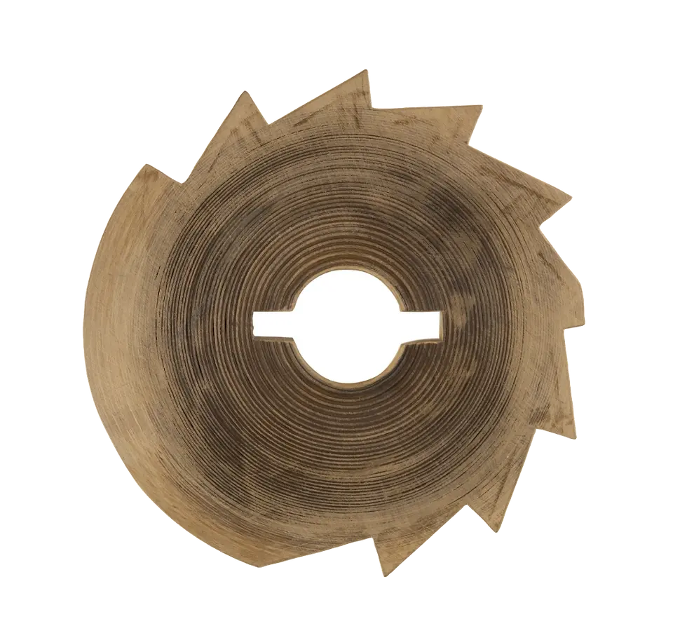 Scie circulaire en bois, design unique, trou central, fond noir, Galerie Mourier