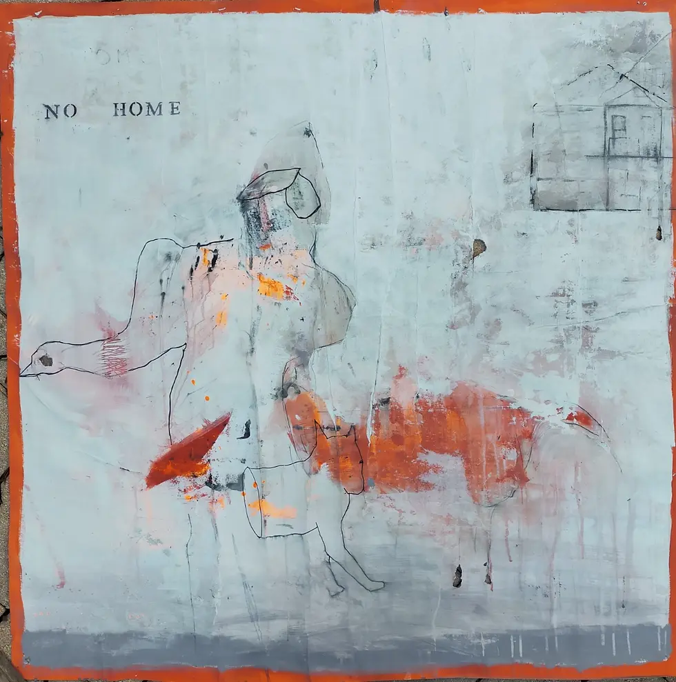 Peinture avec texte 'NO HOME', figure et animal orange. Galerie Mourier. Œuvre d'art.