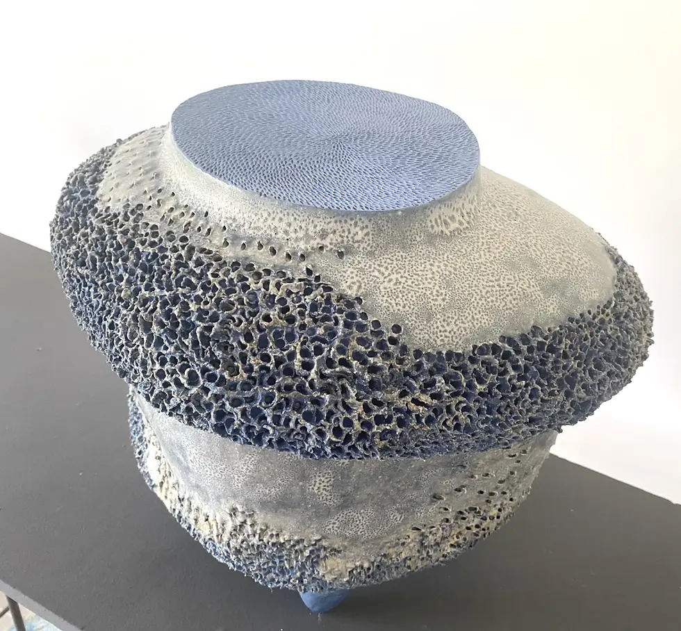 Thumbnail: Sculpture with blue top and textured white and blue sides, Galerie Mourier.