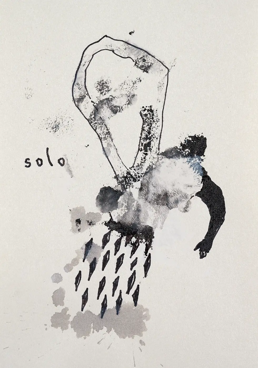 Figure abstraite noir et blanc, texte solo, Galerie Mourier, symbolisme artistique.