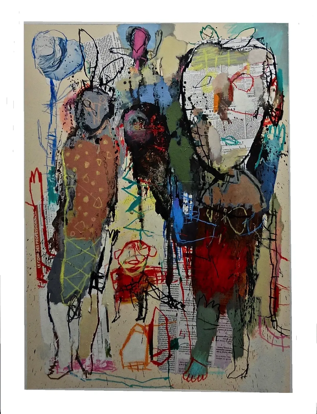 Œuvre abstraite avec des figures colorées, texte partiellement visible, Galerie Mourier.