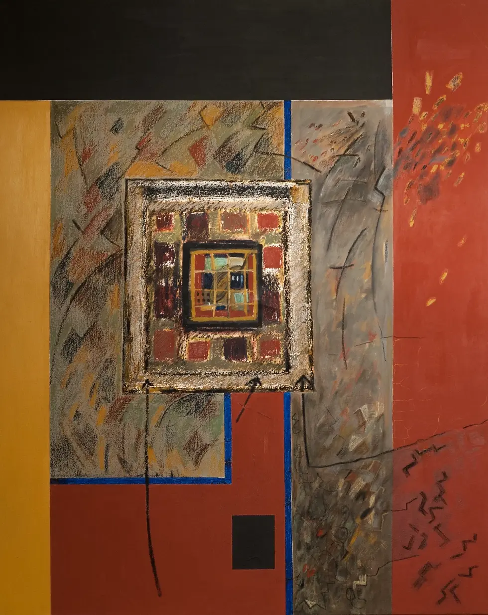 Tableau abstrait avec des formes géométriques, couleurs vives, Galerie Mourier.