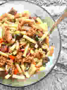 Vegetarian Hamburger Helper with plant-based meat