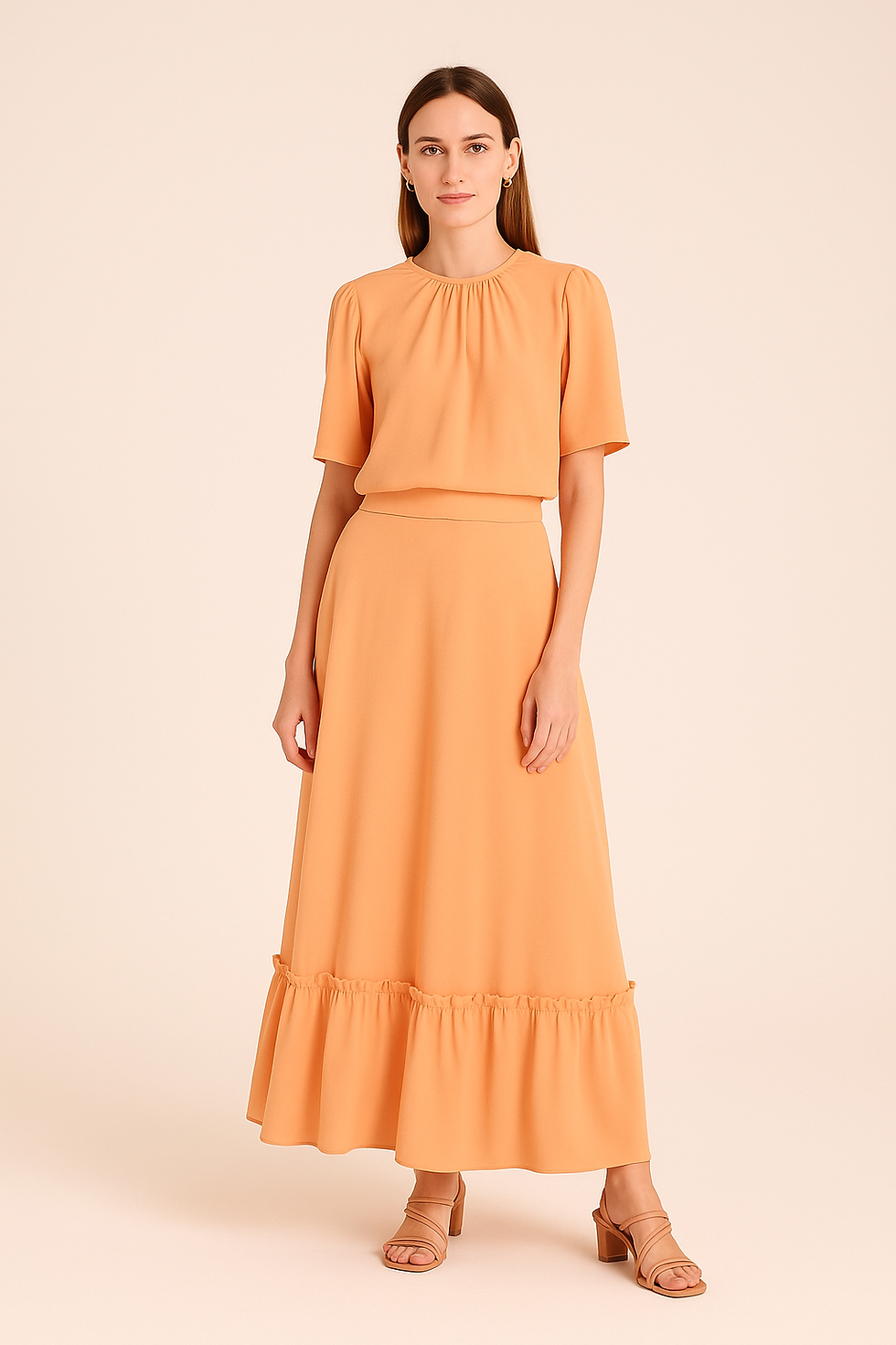 Eye-level view of a long silk skirt hanging on a wooden hanger