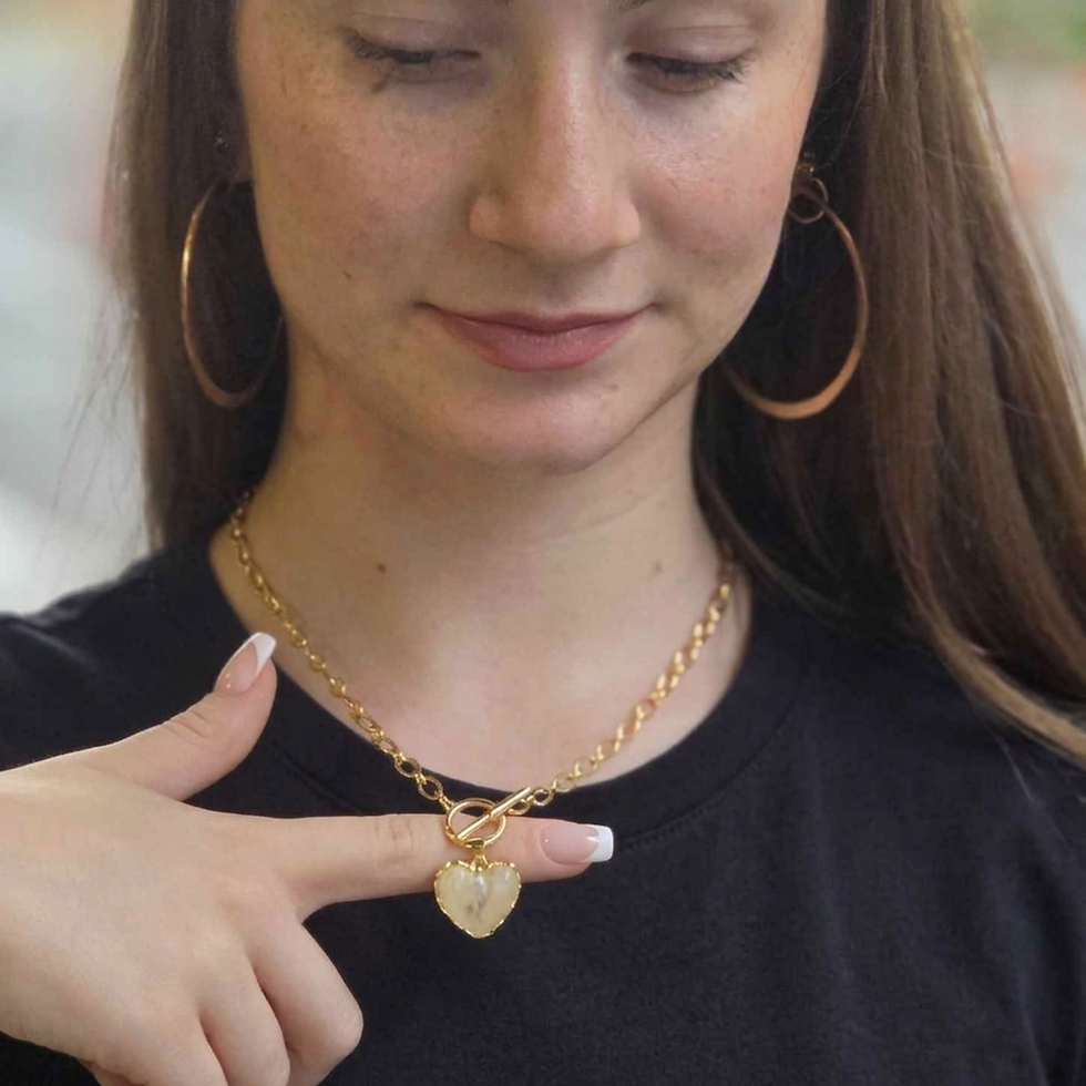 Thumbnail: Acrylic & gold heart charm necklace w/paperclip chain toggle clasp by Boomdyada