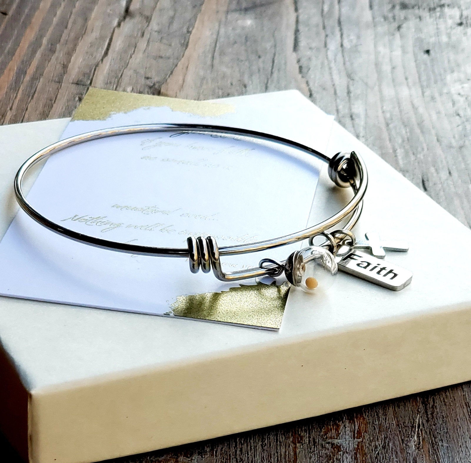 Stainless Mustard Seed Charm Bangle Bracelet, with Cross & Faith charm