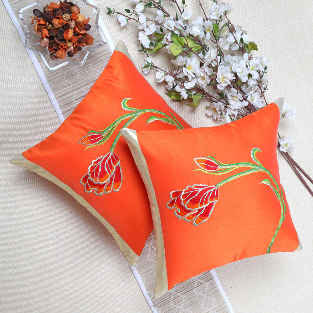 Orange Tulip Embroidered Cushion