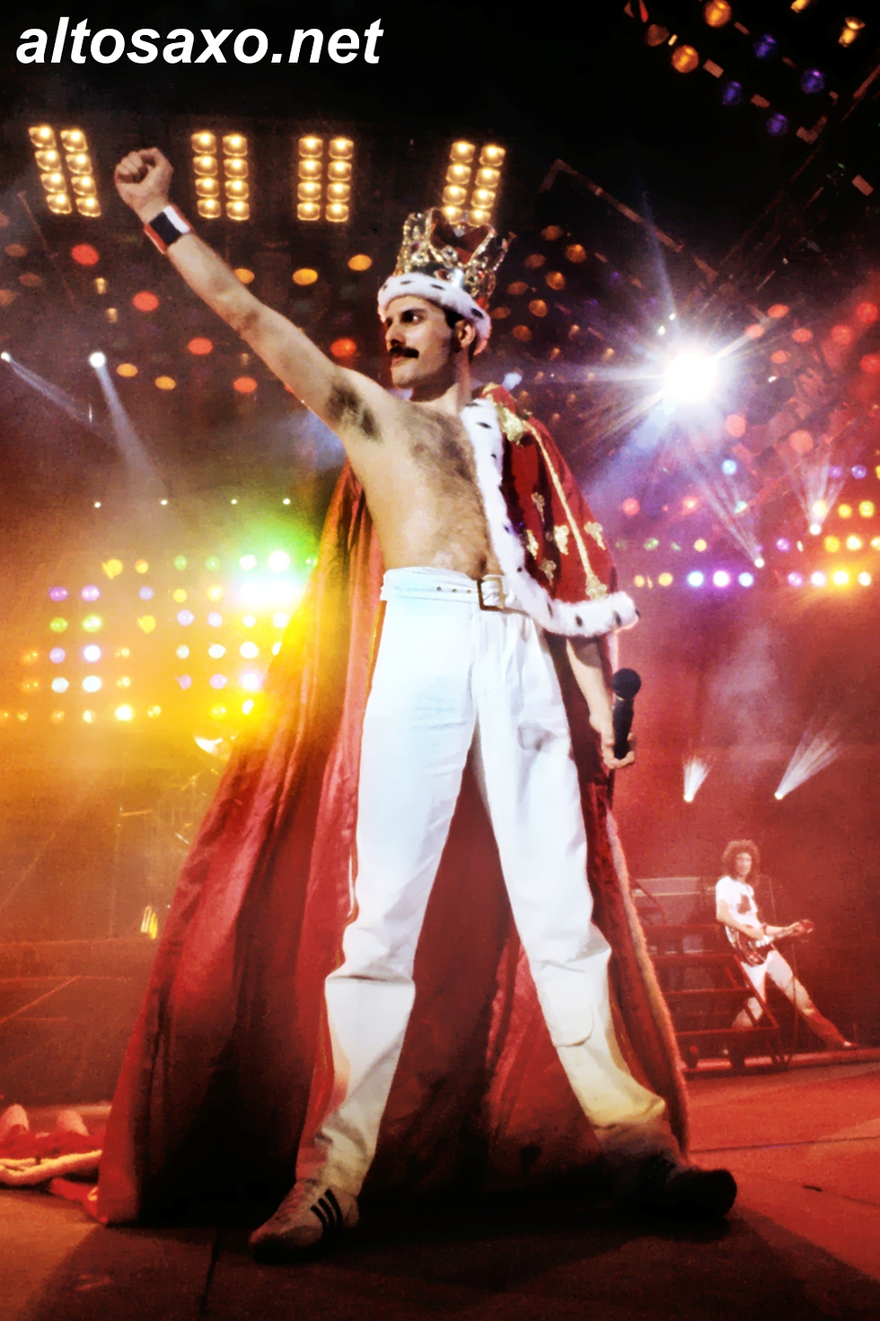 Freddie Mercury performs with Queen at Wembley Stadium in London in 1986.
