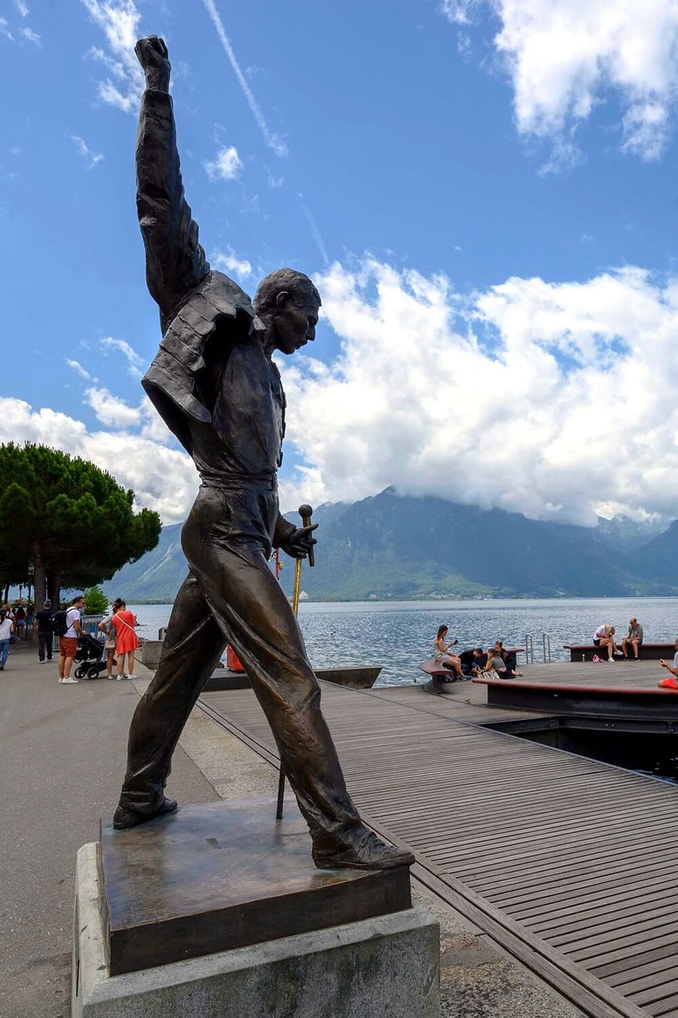 Dressed in his yellow military jacket and the red-striped white trousers he wore at the legendary Wembley concert in 1986, the statue of Freddie Mercury stands proudly facing Lake Geneva in Montreux, Switzerland.