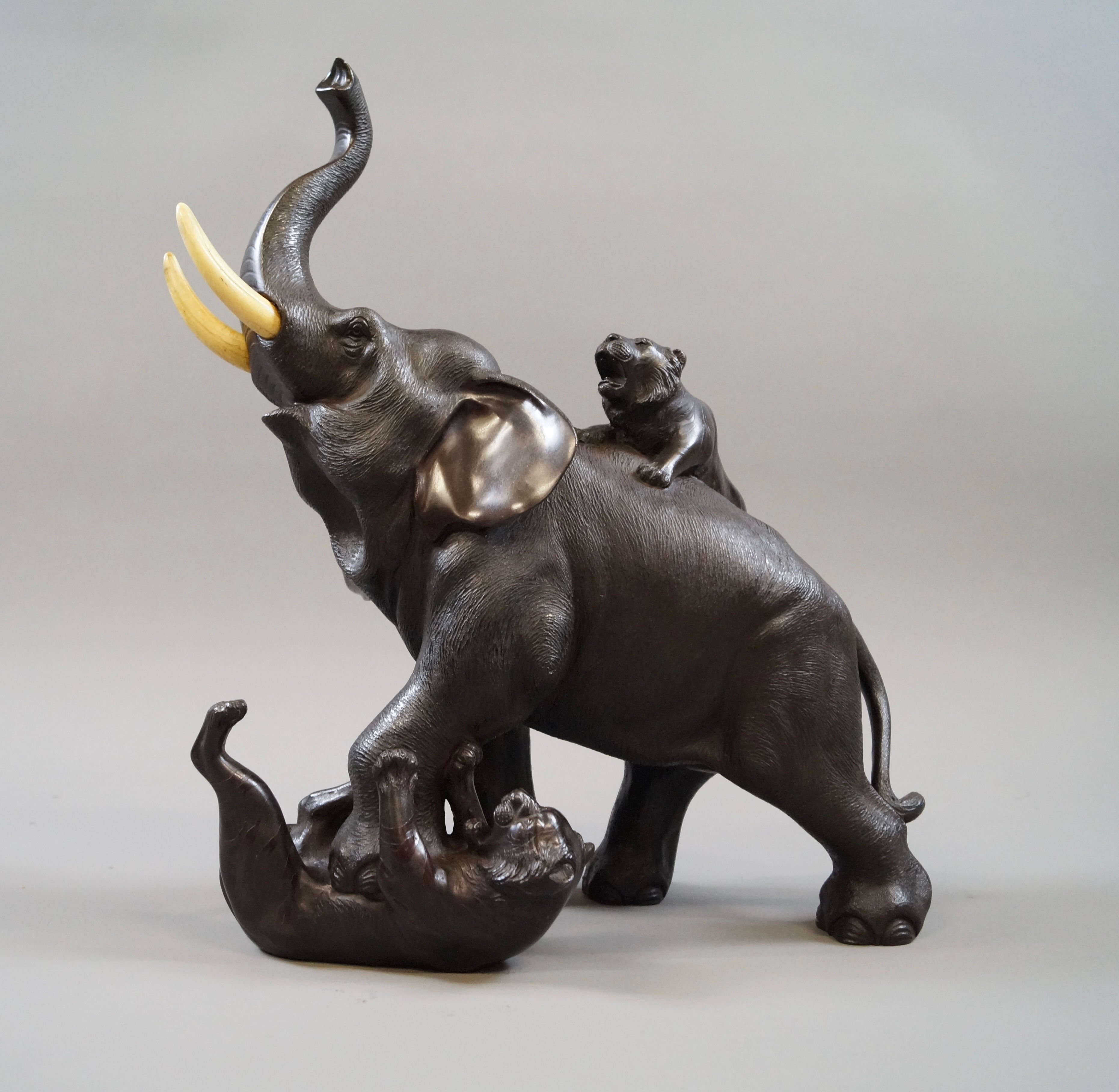 A Meiji Bronze Elephant & Tigers Okimono