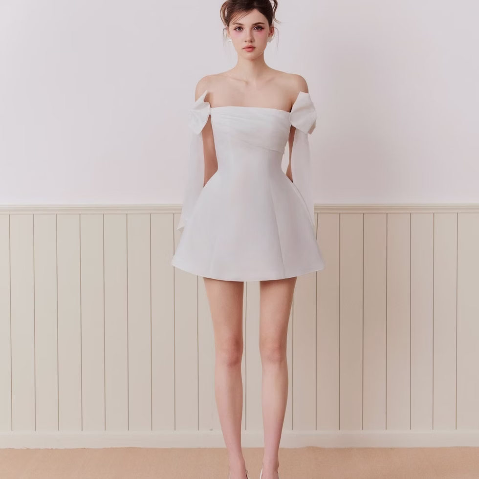 Emus Dress white off shoulder flare mini, party, brunch, feminine, elegant style for confident everyday moments.