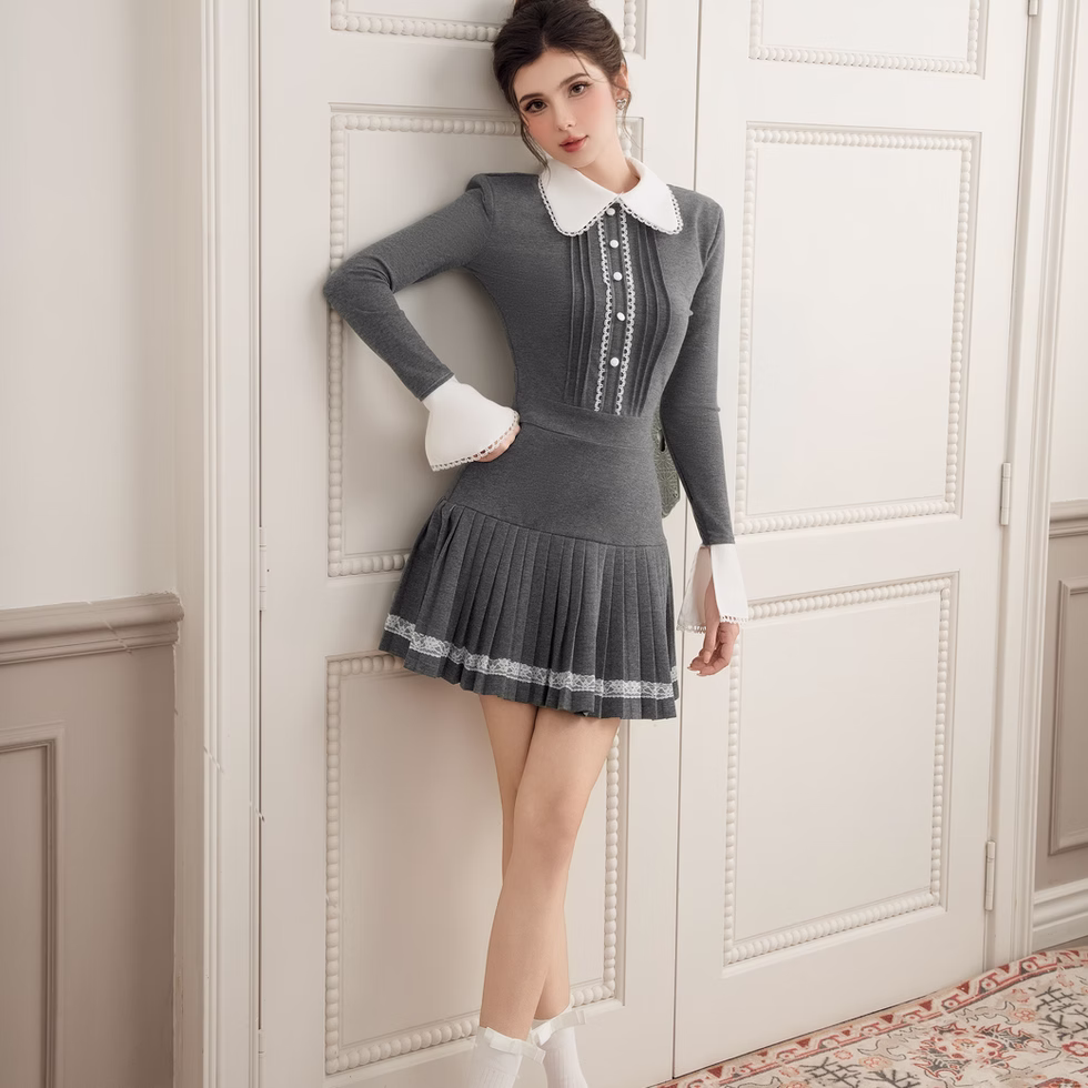 Grey pleated long sleeve Kane Dress by Those Studios, soft girl elegance with a modern feminine twist.
