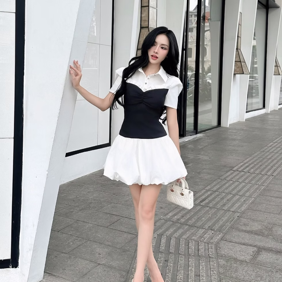 Ceri Dress by Those Studios: Two-tone black white dress with buttoned shirt collar, puff sleeves, flattering fit