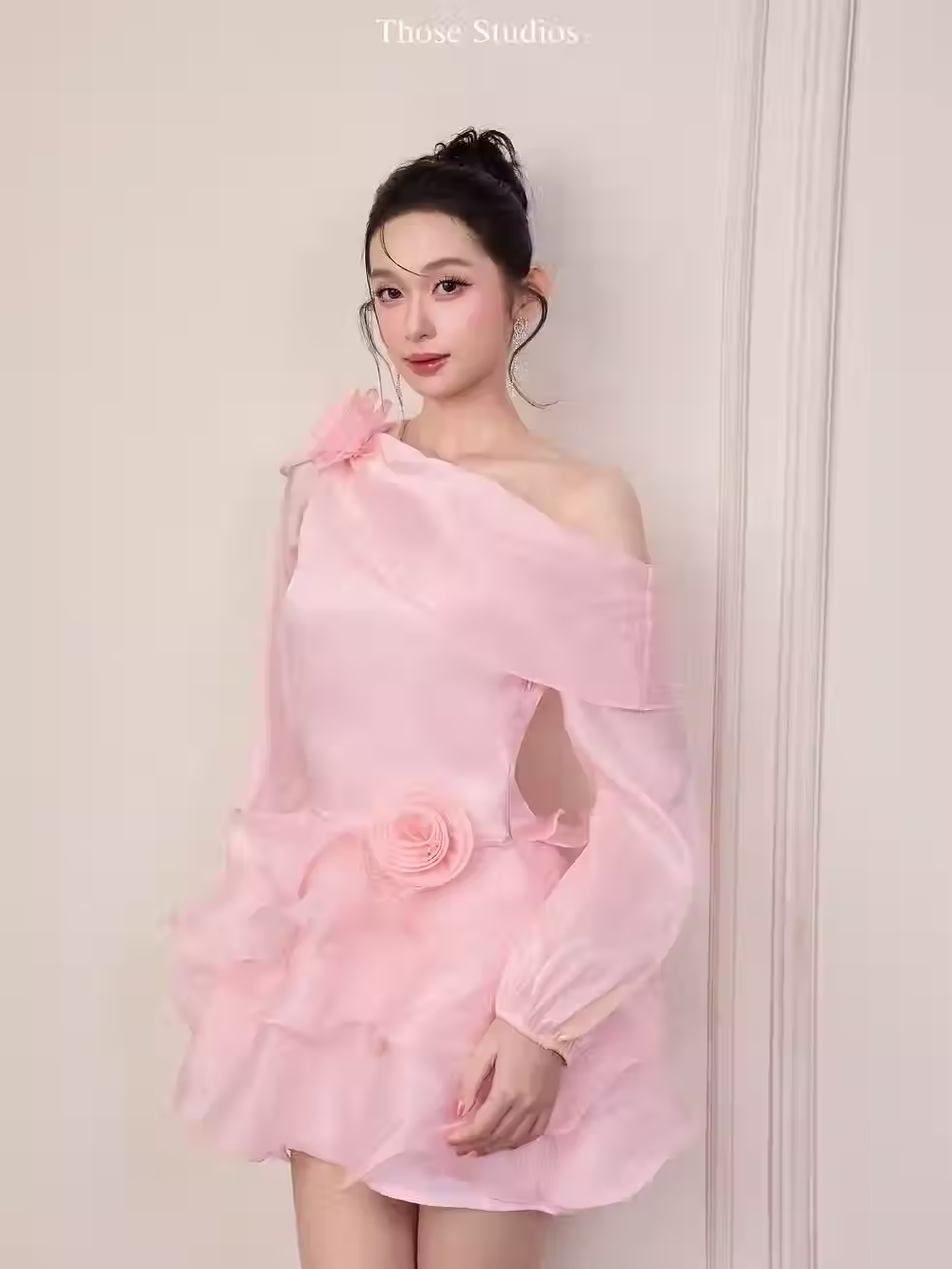 Those Studios Velora Dress pink off-shoulder long sleeve floral waist party brunch date dress flattering fit