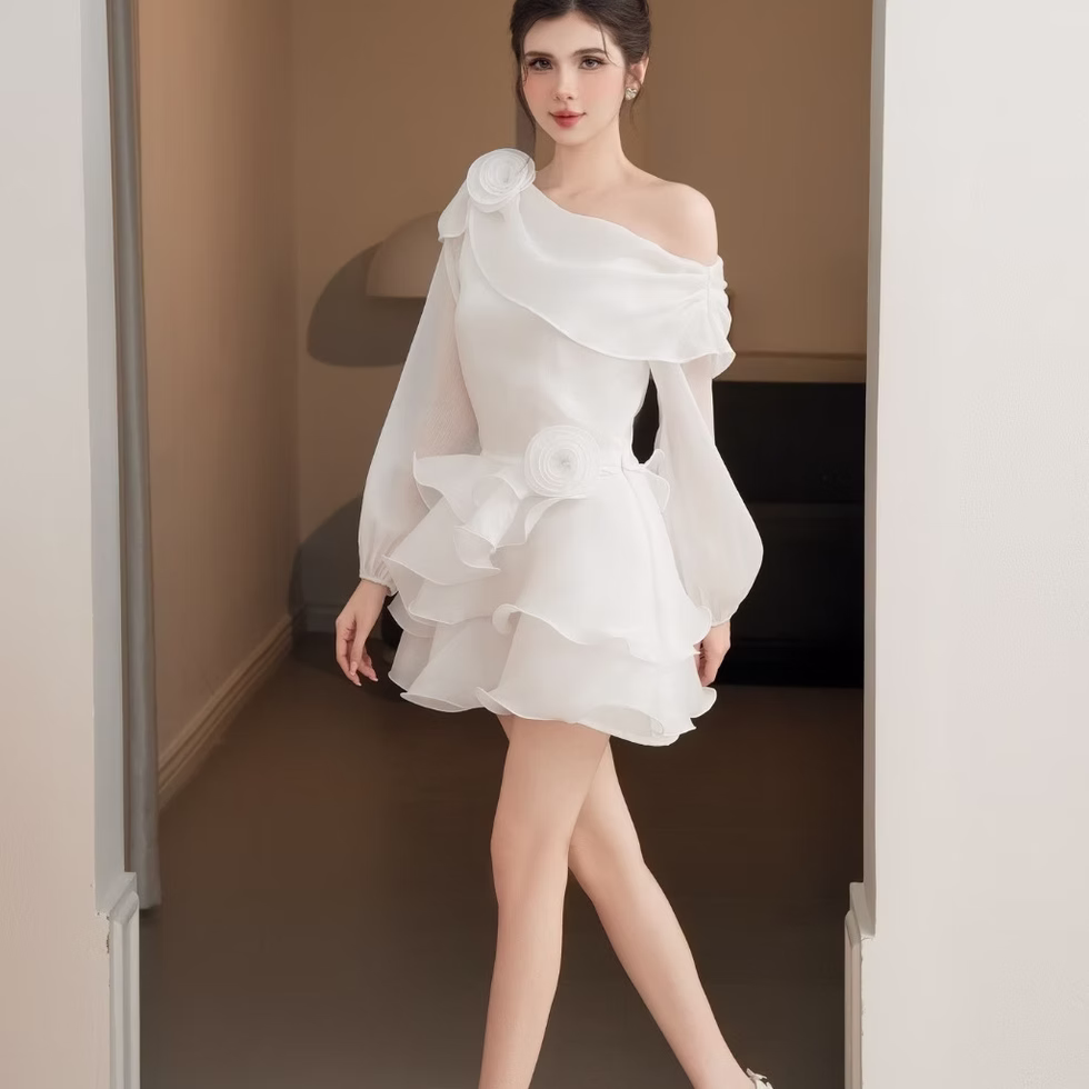 Velora Dress: White Off-Shoulder Long Sleeve Tiered Dress with Floral Waist