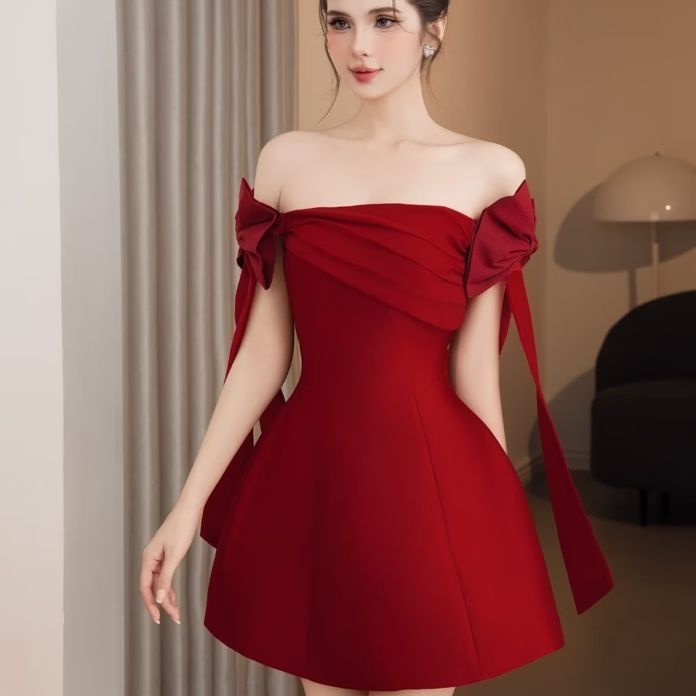Emus Dress red off shoulder flare mini, party, brunch, feminine, elegant style for confident everyday moments.